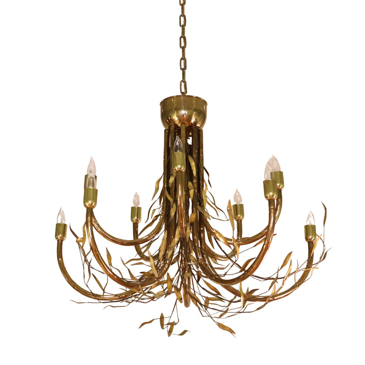Brass faux bamboo chandelier with brass carved leaves in the style of Maison Lancel, c. 1980