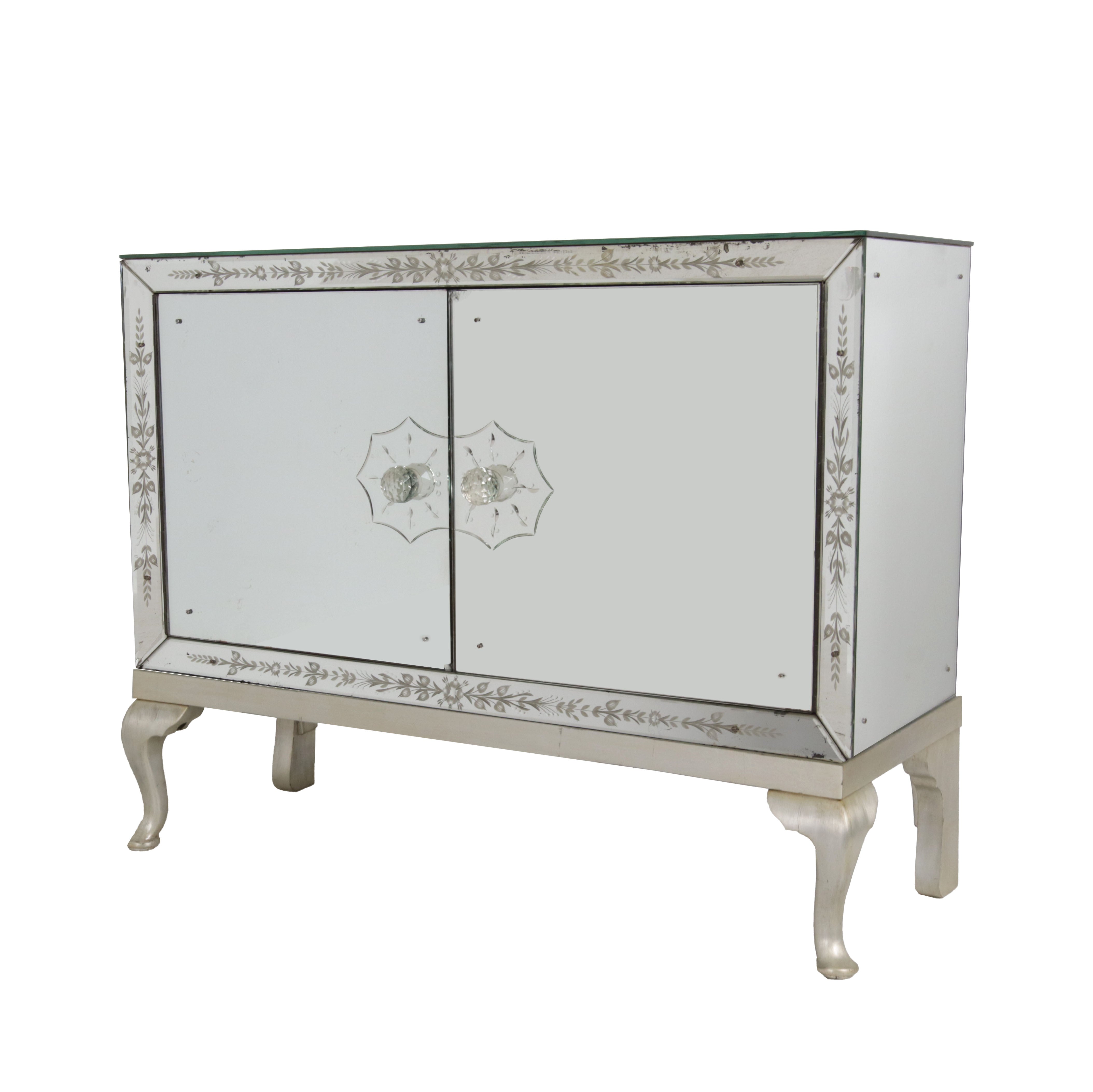 Mirrored two door commode with etched detailing, c. 1950