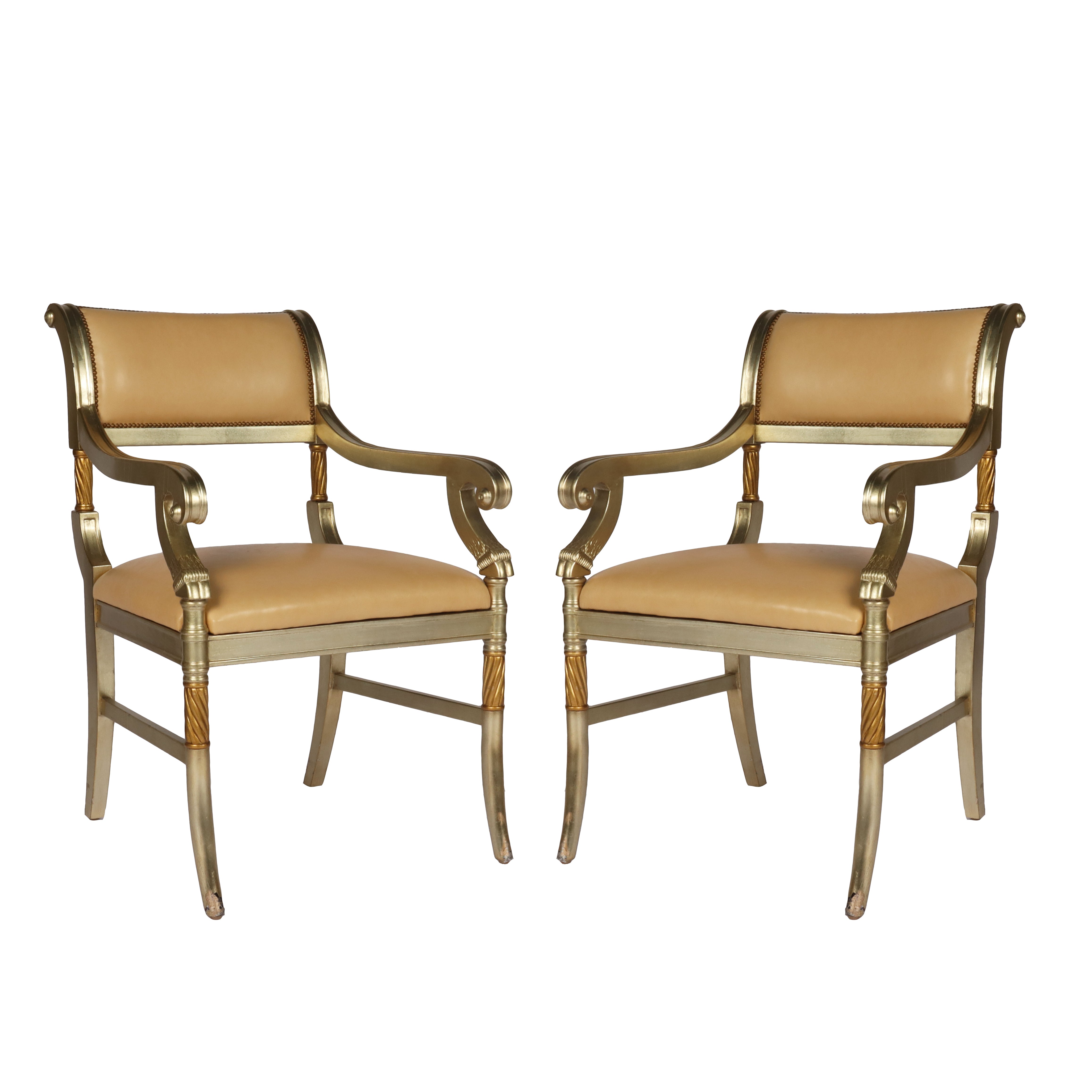 Pair of warm silver leaf chairs with leather, c. 1950